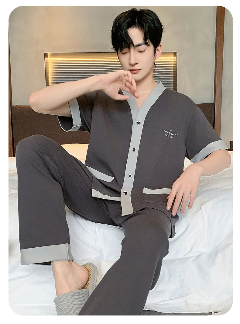 Men's Japanese Kimono Casual Fashion Solid Color Cardigan Loose Summer Short-Sleeved Pajamas with long pants Home Comfort Wear