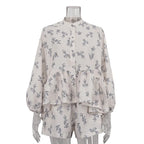 Casual Beige Print Women's Two Pieces Set Fashion Stand Collar Wrist Sleeve Ruffled Shirts And High Waisted Shorts Suit Woman