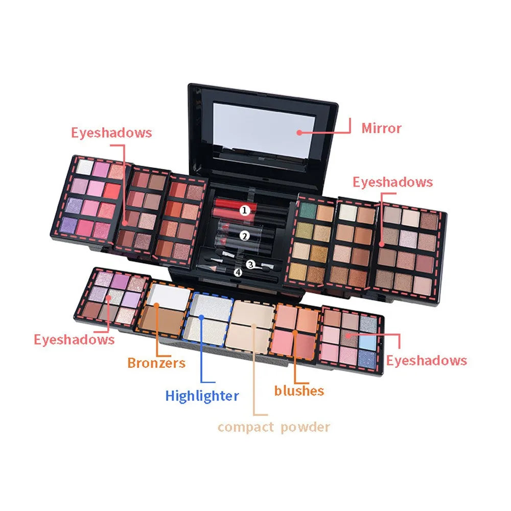 MISS ROSE 104 Color Eye Shadow Powder Puff High Gloss Lipstick Mirror Makeup Durable Easy Makeup Multi-Function Makeup Set