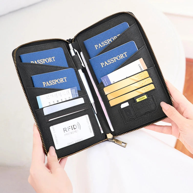 Multi-Functional RFID Blocking Passport Bag Travel Document Holder with Long Zipper Ticket Storage Wallet for Multiple Passports
