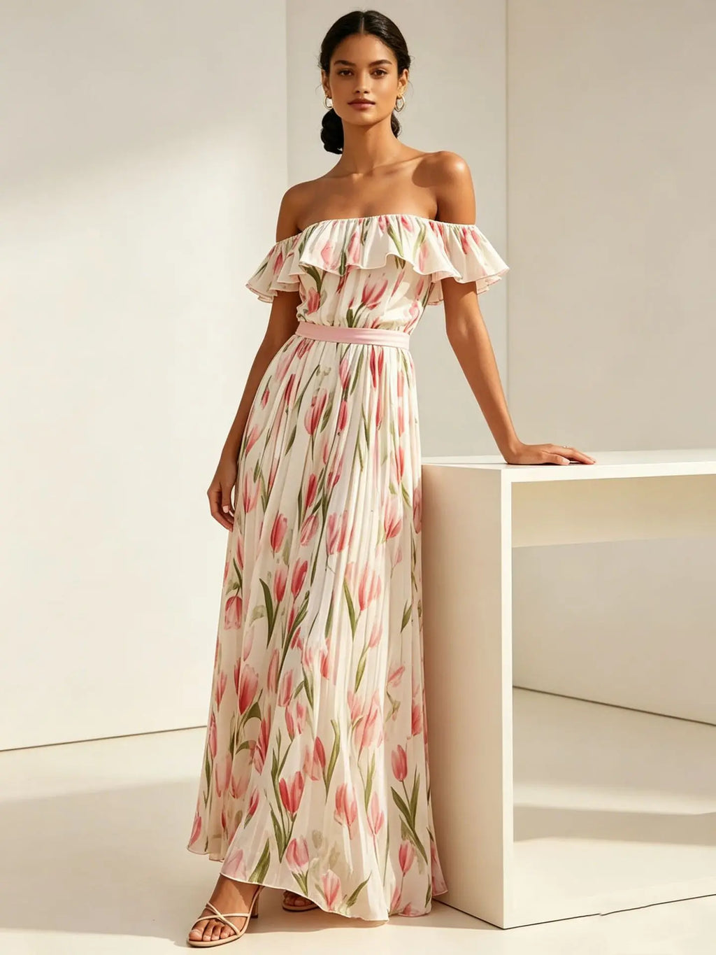 2026 summer off-the-shoulder tulip print plus size slimming square neck maxi dress
