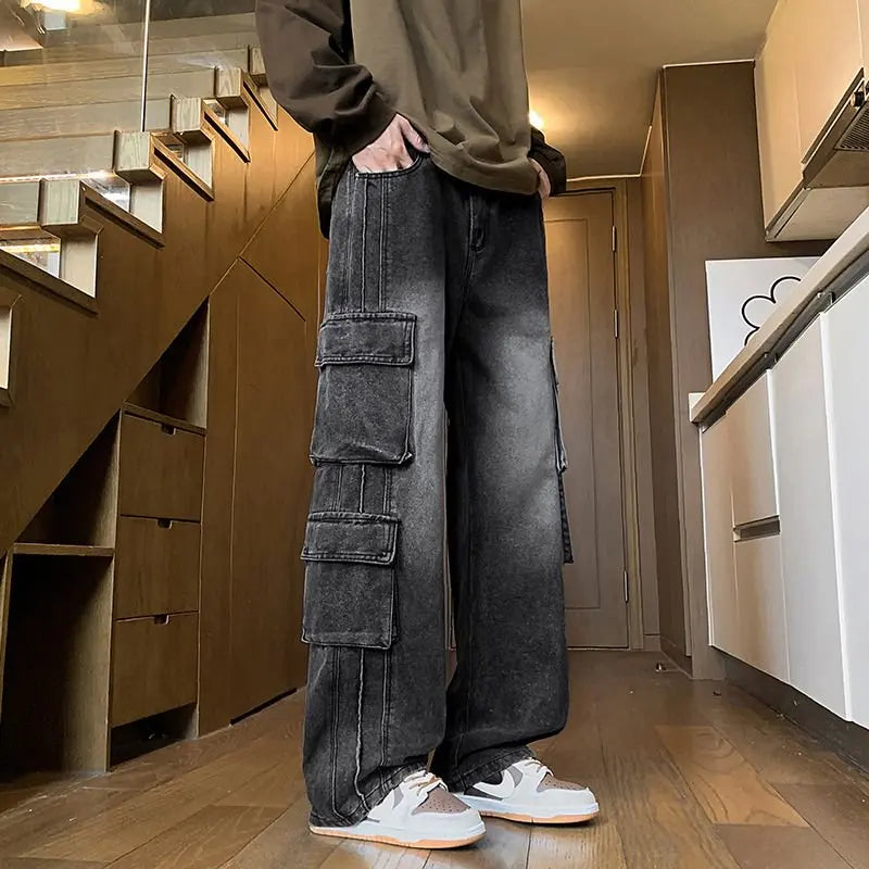 Autumn New Men's Loose Jeans Multi-pocket Work-wearing Jeans Street Hip-hop Straight Wide-leg Pants Baggy Dance Pants Main image