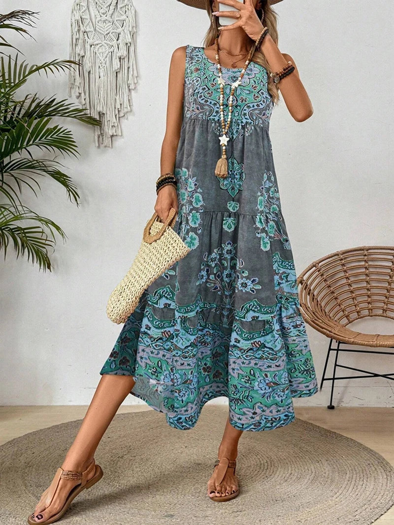 Summer print crew-neck sleeveless dress for women  suitable for casual or beach wear for holiday and long holiday Main image