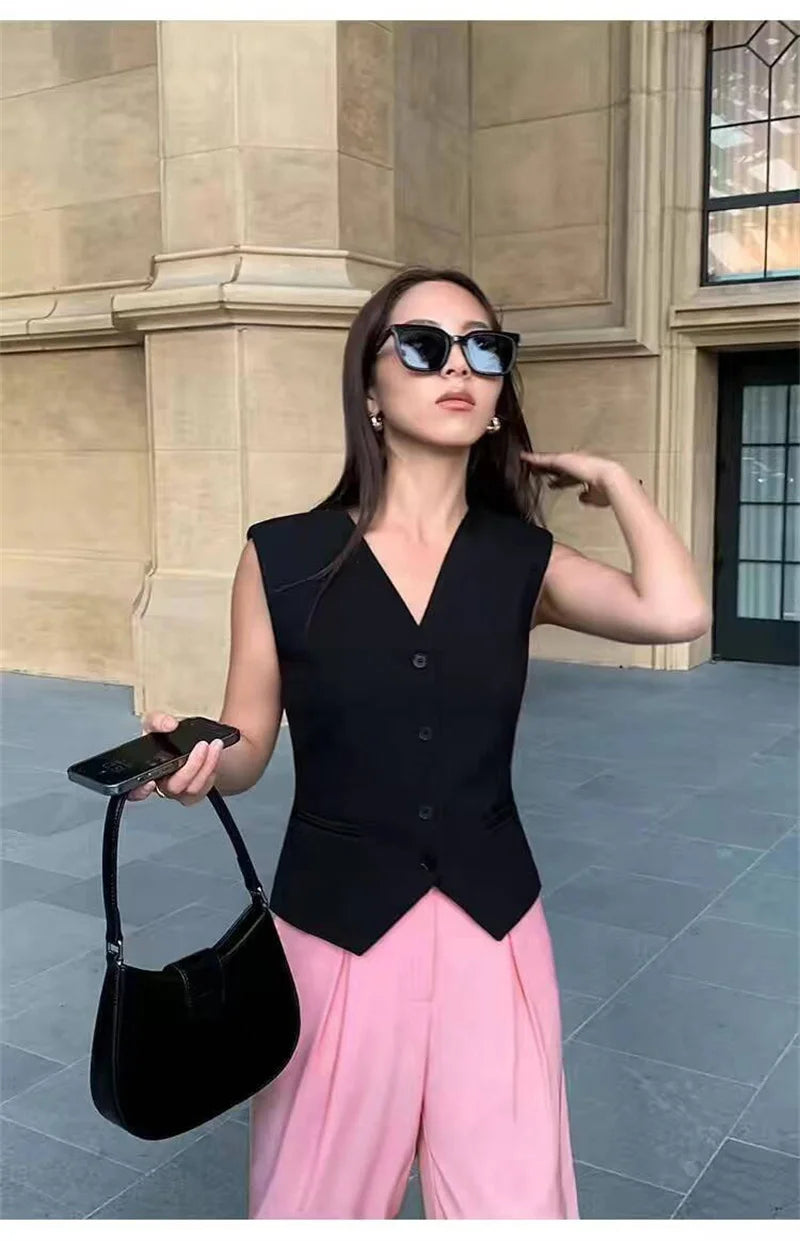 Spring Summer Korean Fashion Vest 2025 New Women Short Fashion V-neck Sleeveless Casual Blazer Waistcoat Coats Female Tops