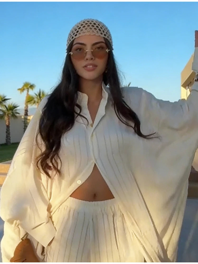 Beige Two Piece Set Women Oversized Button Down Shirt & High Waist Wide Leg Pants Y2k Summer Vacation Kaftan Outfit