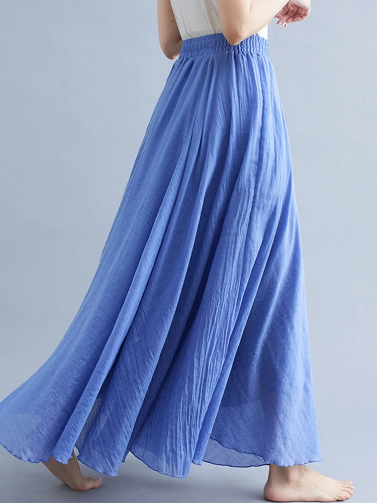 new 2020 Women Linen Cotton Long Skirts Elastic Waist Pleated Maxi Skirts Beach Boho Vintage Summer Skirts Faldas Saia