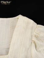 Clacive Fashion Loose Beige Cotton 2 Piece Set Women Elegant Long Sleeve Shirt With High Waist Wide Pants Set Female Clothing