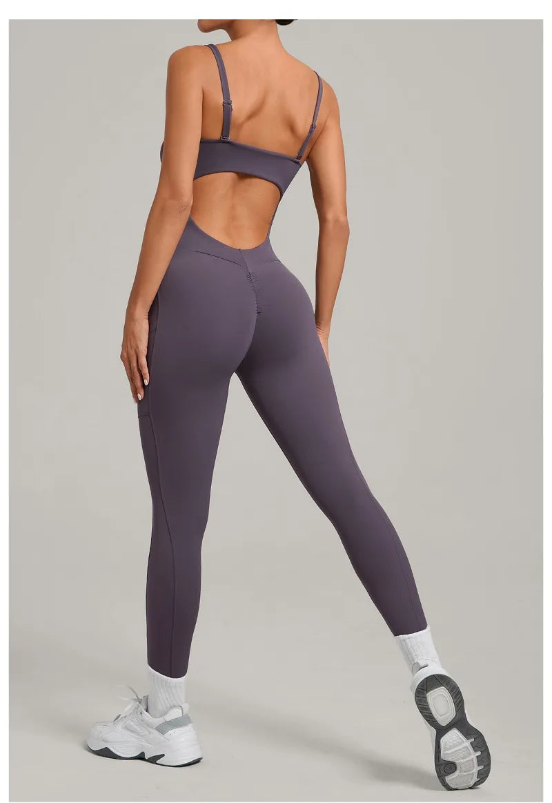 Women's Yoga Jumpsuits Sports Fitness One-piece Beauty Back Strap Pocket Hip-lifting Slim Fit Running Workout Training Bodysuits