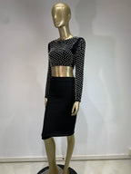 Sexy O Neck Long Sleeve Mesh Pearl Beige Black Celebrity Midi Women Bandage Set 2024 Designer Evening Party Women's Set