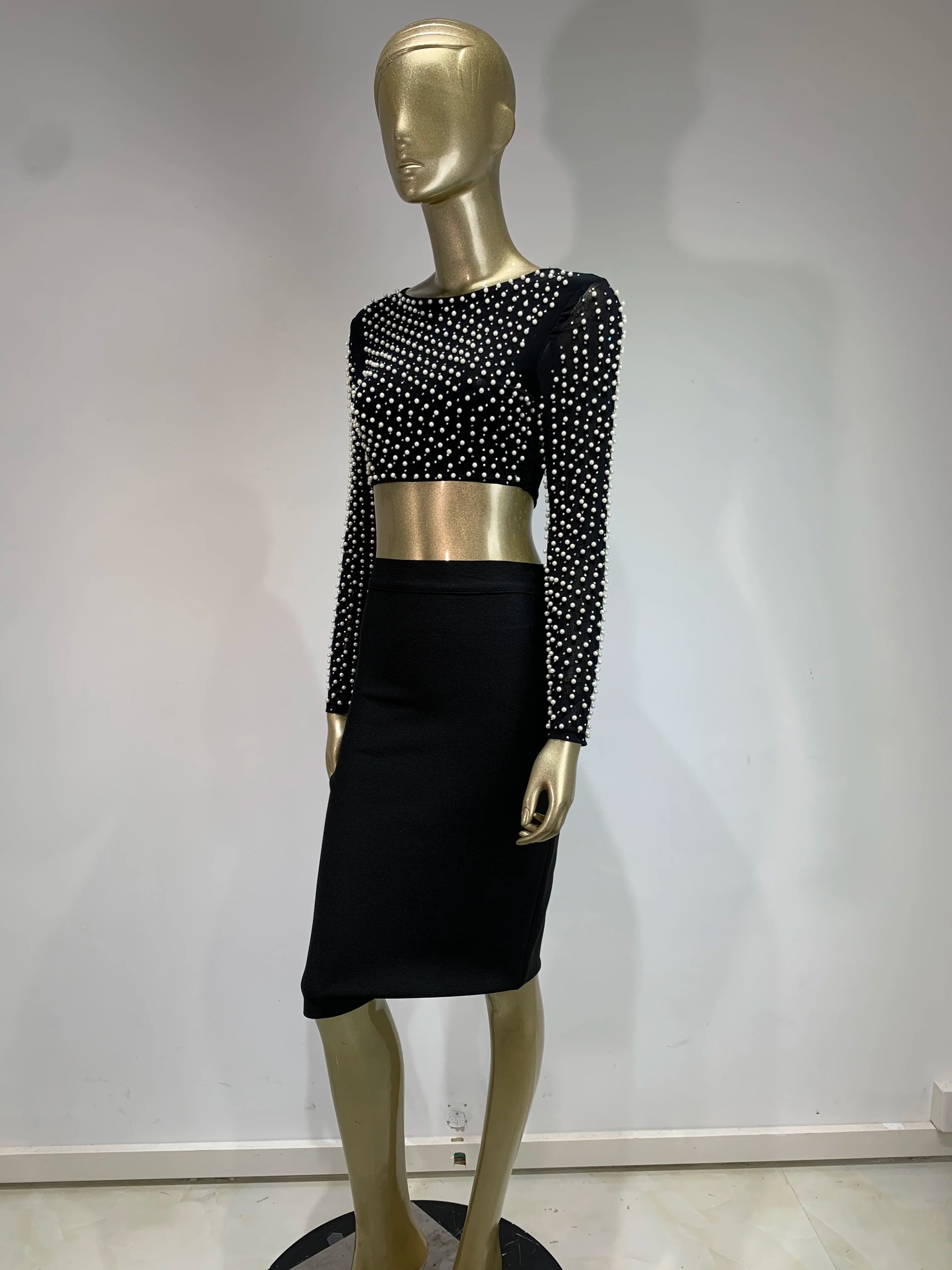Sexy O Neck Long Sleeve Mesh Pearl Beige Black Celebrity Midi Women Bandage Set 2024 Designer Evening Party Women's Set