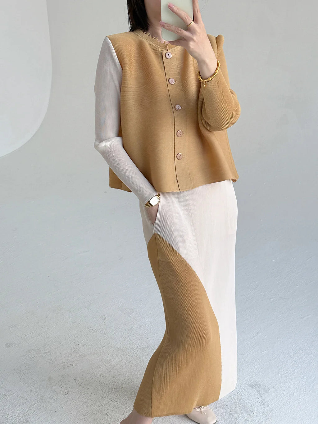 Khaki Beige Pleated Crew Neck Button Vest & Pleated Color Block Skirt Set Drapey Co-ord Set Minimalist Chic Trendy Daily 2026