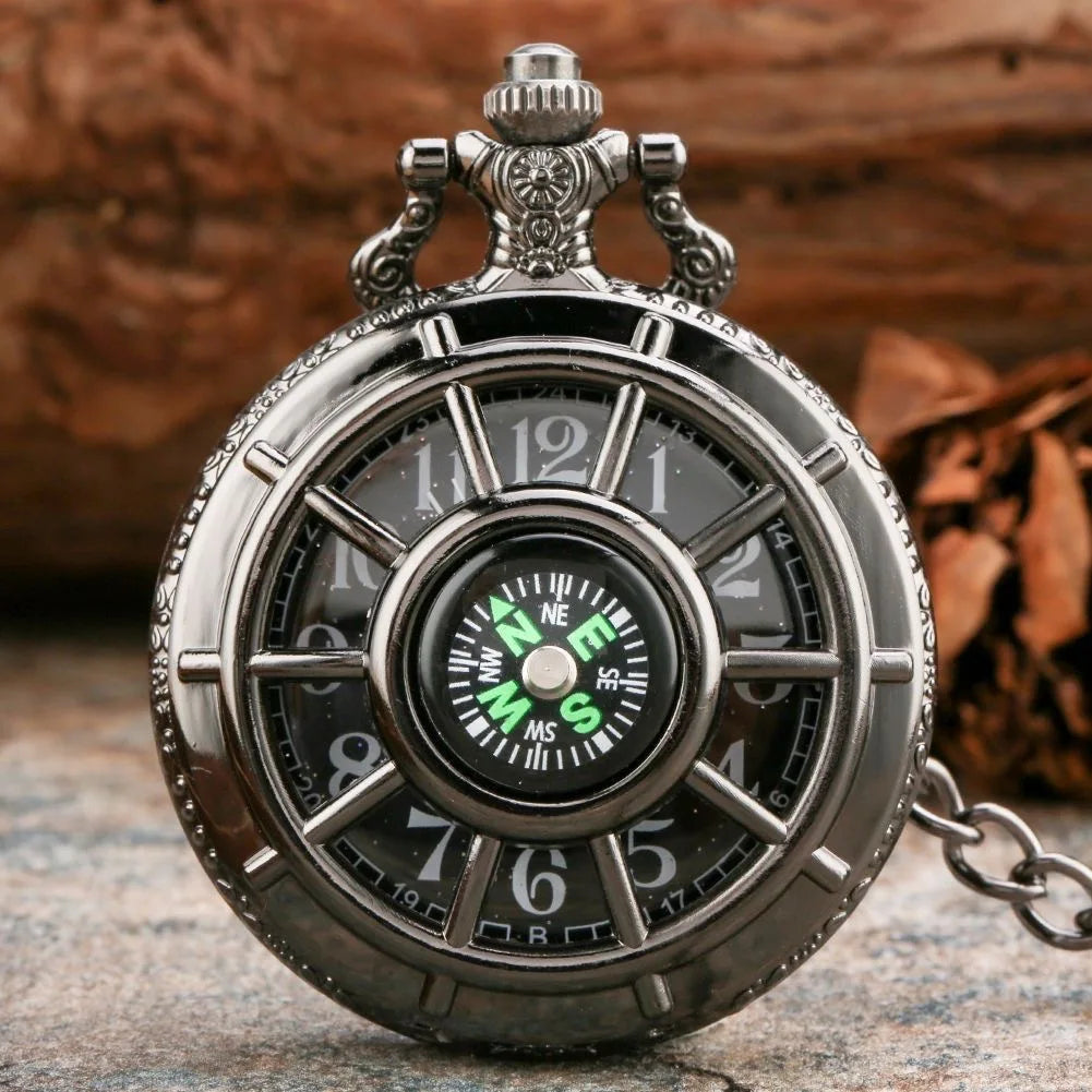 Fashion hollowed out compass pocket watch, outdoor creative flip necklace watch, male and female digital quartz watch Main image