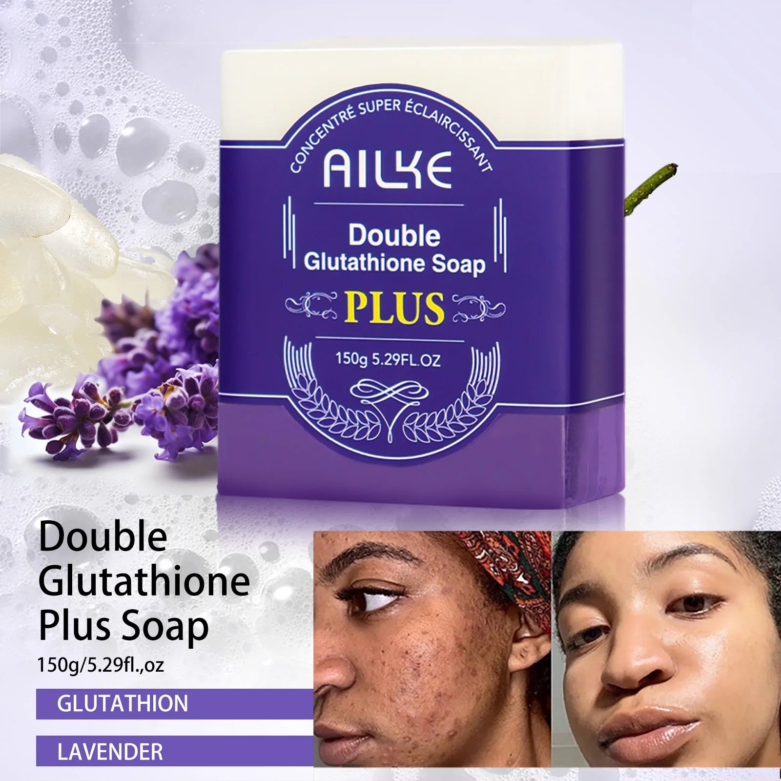 AILKE Double Glutathione PLUS Whitening Soap Bar, Reduce Dark Spots, Deep Clean Skin, Natural Lavender Scented for Face & Body Main image