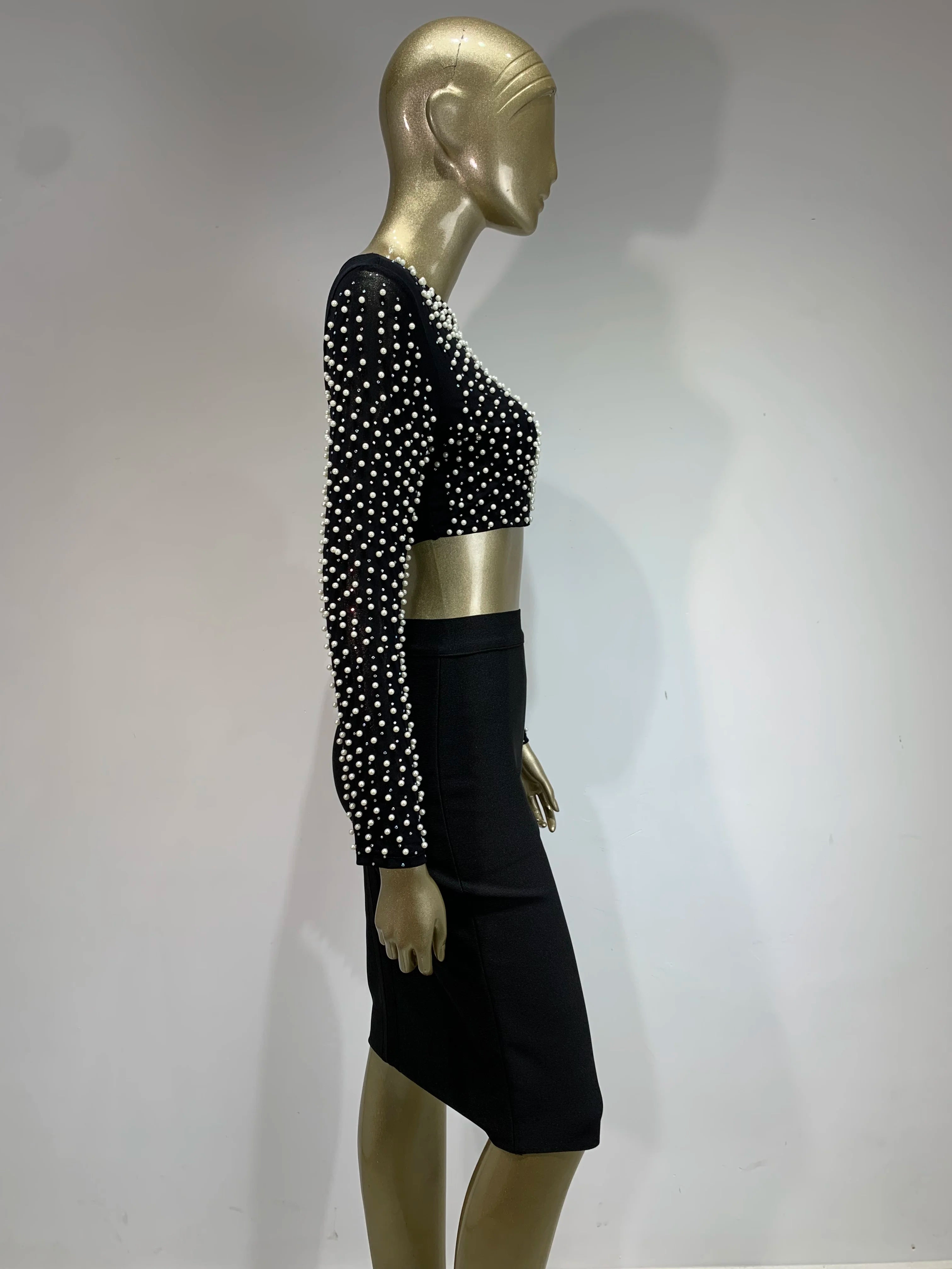 Sexy O Neck Long Sleeve Mesh Pearl Beige Black Celebrity Midi Women Bandage Set 2024 Designer Evening Party Women's Set