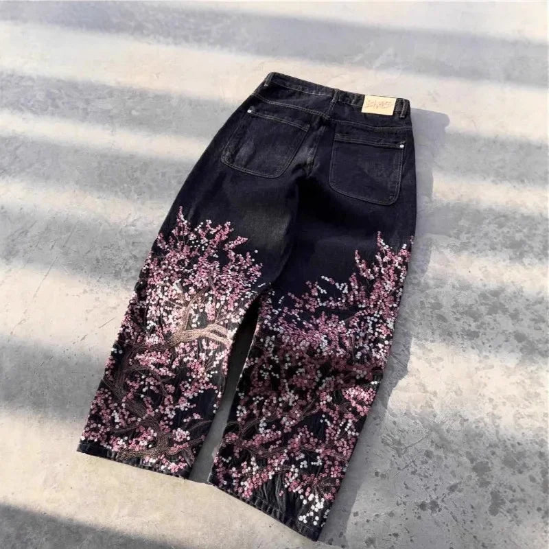 Y2K Black Washed Embroidered High-waisted Oversized Jeans Men European and American Retro Classic Loose Wide-leg Straight Pants