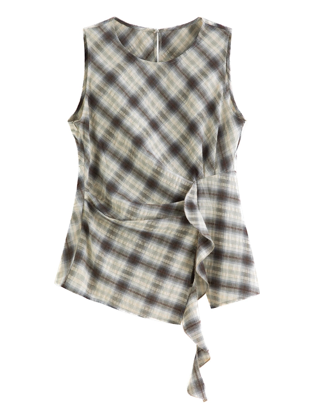 FSLE Retro Plaid Round Neck Slim Waist Sleeveless Shirt for Women New Summer 2026 Style with Ribbon Korean Style Y2k