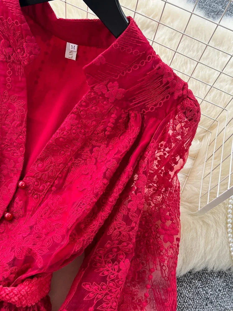 Spring Autumn French High-end Women's Dress New Lace Embroidery V-neck Lantern Sleeves Single Breasted Party Birthday Dress C192