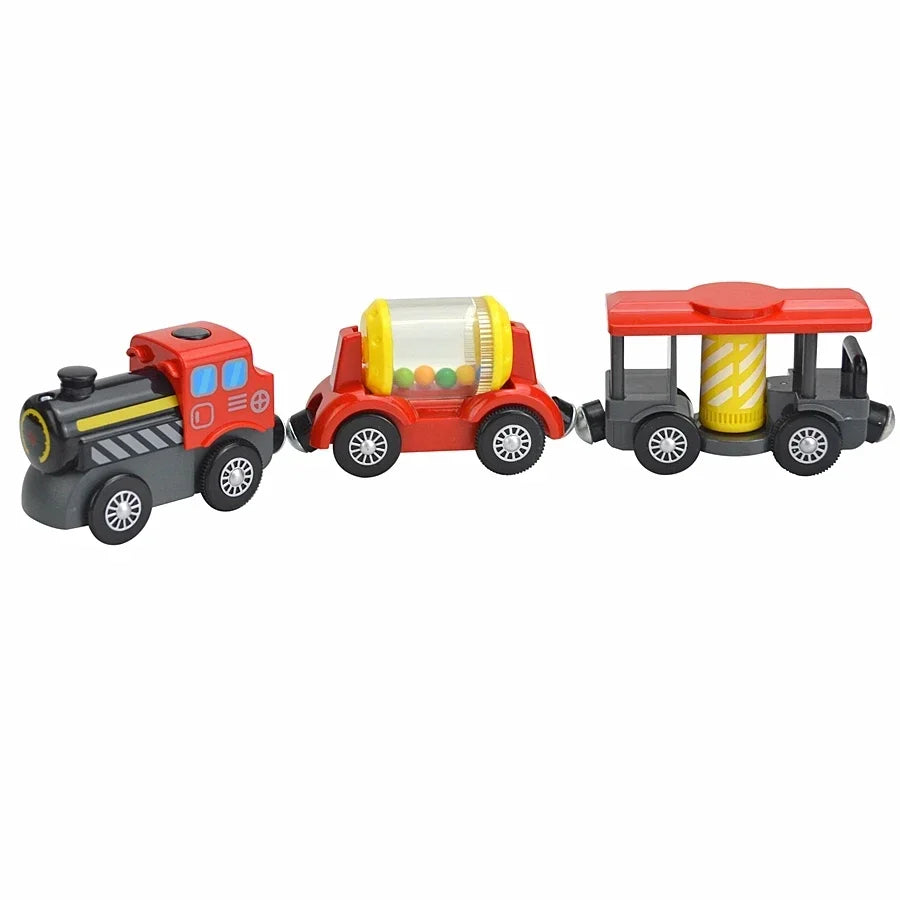 Magnetic Electric Train Car Locomotive Wooden Track Slot Diecast Railway With Two Carriages Train Wood Kid Toy Biro Leduo Track