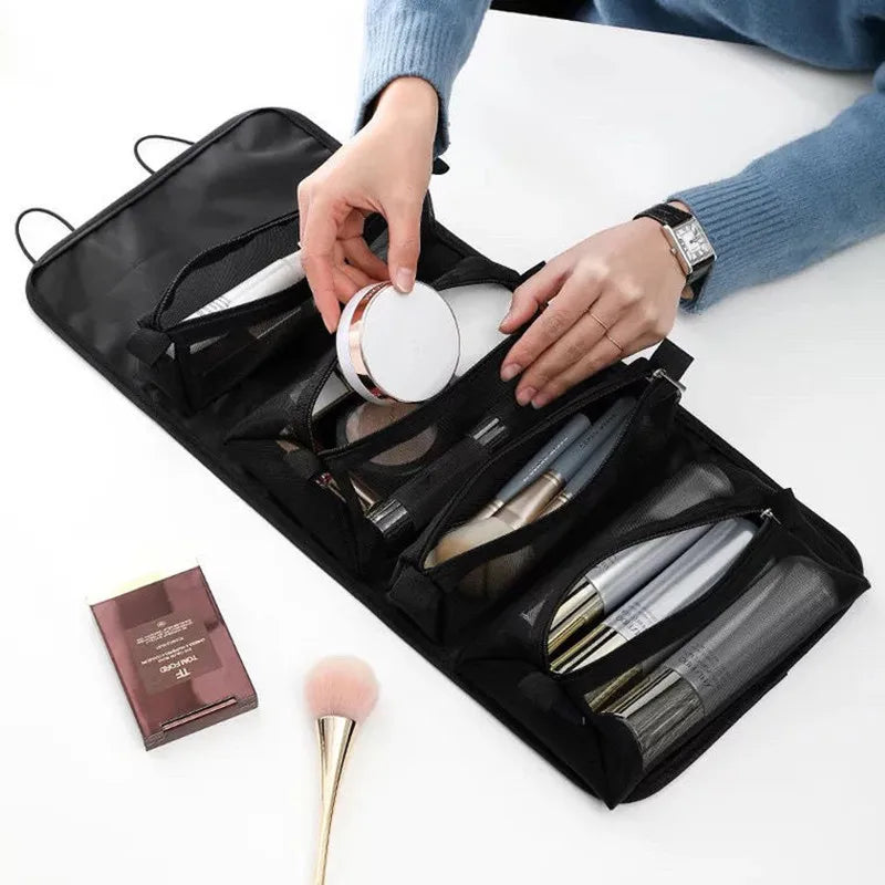 4 in 1 Cosmetic Bag For Women Zipper Mesh Separable Cosmetics Pouch Ladies Foldable Nylon Bag Rope Makeup Bag Kosmetyczka
