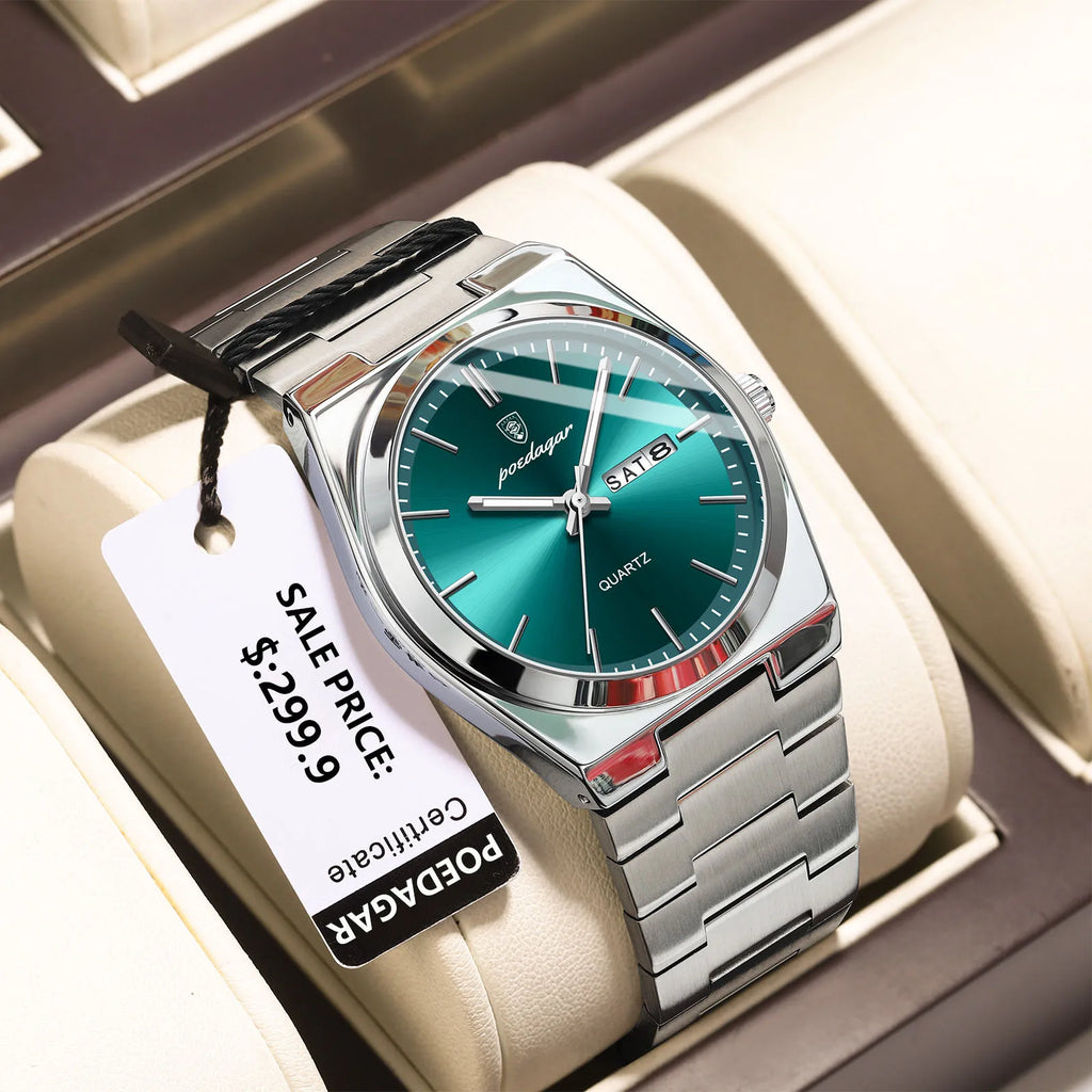 POEDAGAR Luxury Men's Watches Waterproof Luminous Date Week Men Watch Stainless Steel Casual Fashion Quartz Man Wristwatch Reloj