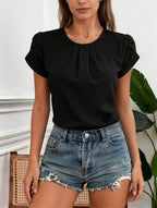 Women Chiffon Blouse Black Round Neck Pleated Puff Sleeve Top Loose Fit Casual Chic Shirts Tops Spring Summer Office Daily Wear