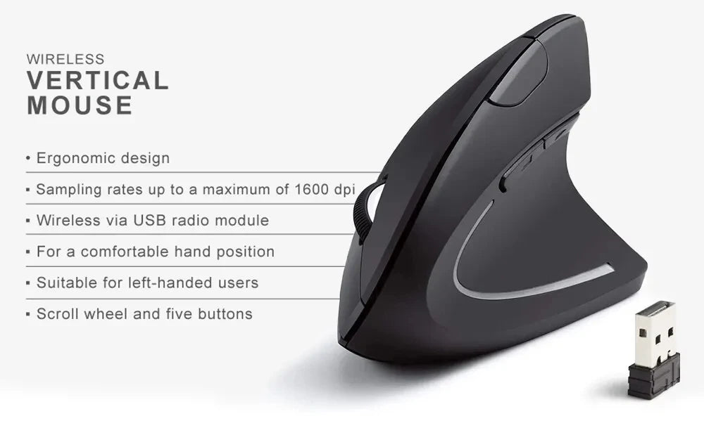 HOMEFISH Vertical Mouse Ergonomic 2.4GHz Wireless Optical Mice 3 Adjustable DPI 800/1200/1600 6 Buttons for Laptop PC Computer