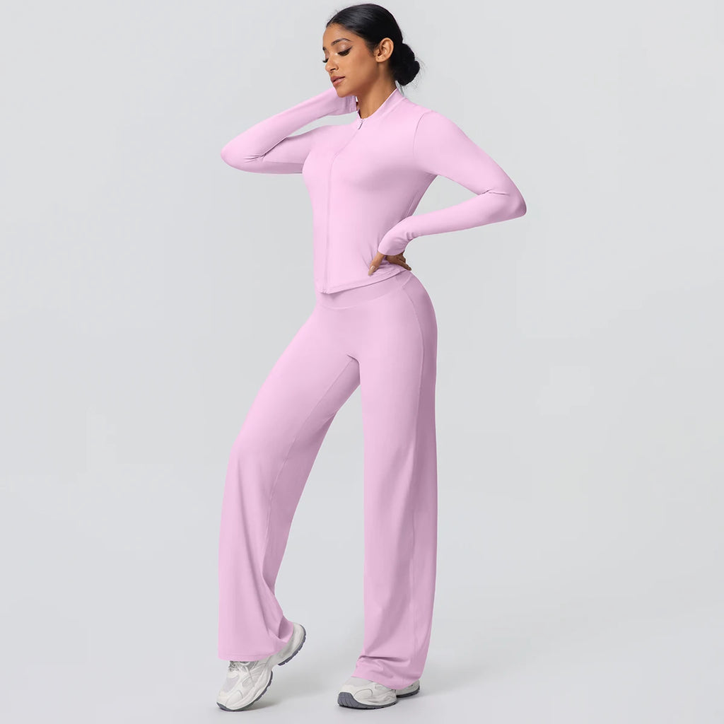 2pieces Quick Drying Sports Fitness Clothing Yoga Set Women Yoga Zipper Long Dleeves High Waisted Breathable Wide Leg Pants Set