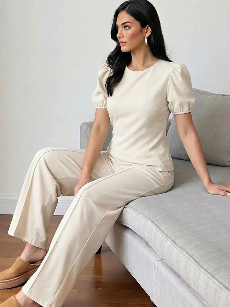 HH Women Elegant Beige Matching Set O Neck T-Shirt Solid Puff Sleeve Top Casual Lady Wide Leg Trousers High Street Chic Outfit