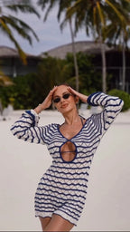 Sexy Boho Striped Chic V-neck Cut Out Bell Sleeve Knit Beach Mini Dress 2026 Summer Women Seaside Holiday Swimsuit Cover Up K123