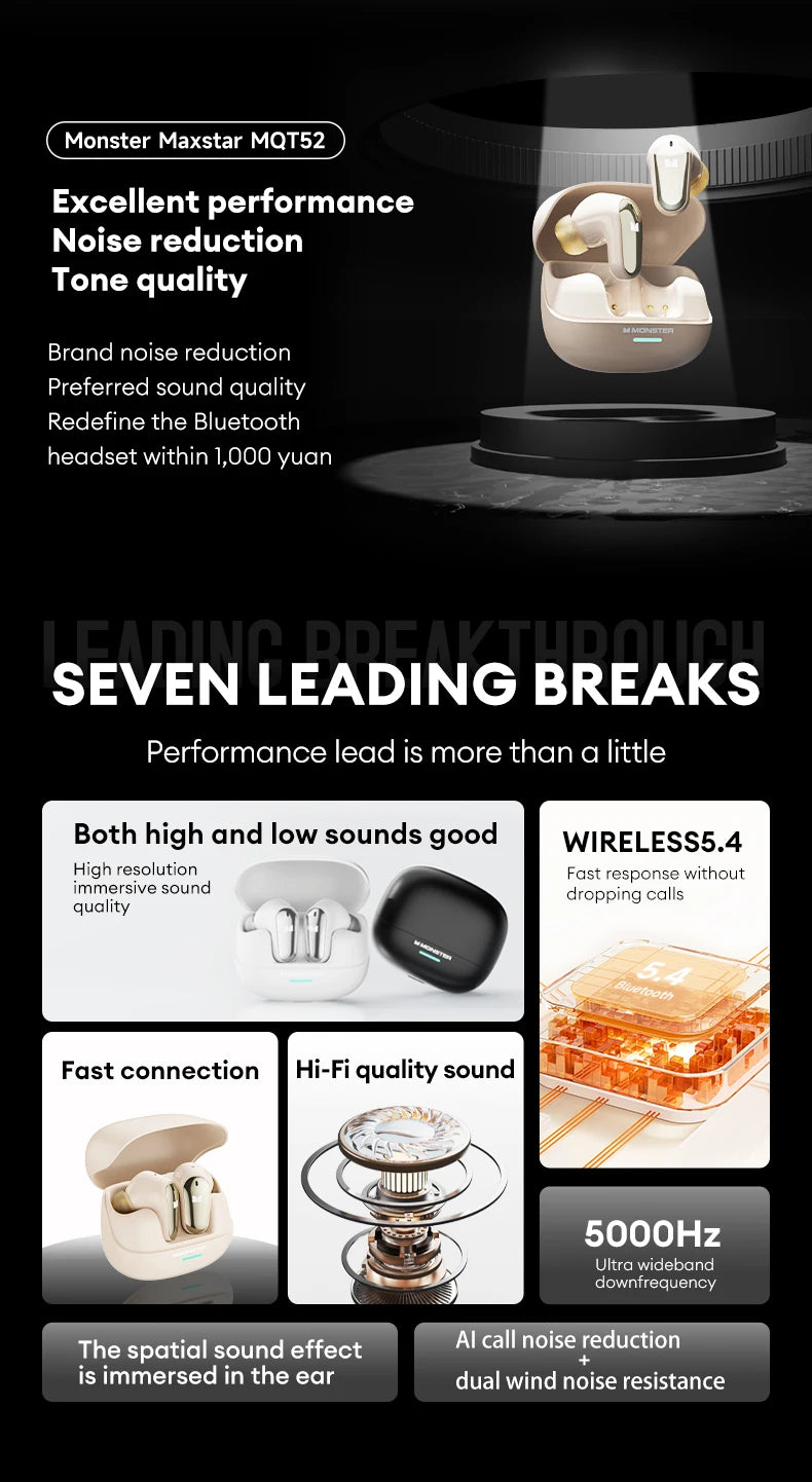 Monster MQT52 Bluetooth 5.4 Wireless Earphones 24H Long Battery Life Stereo Headphones Low Latency Gaming Dual Mode Headset Gift