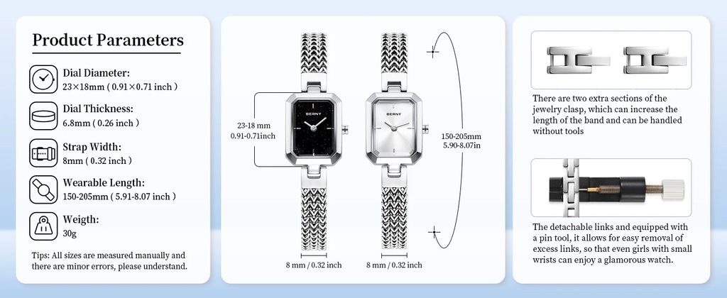BERNY Square Women Wristwatch Luxury Fashion Quartz watches Minimalist Rectangle Mini Dial Stainless Steel Jewelry Women's Watch