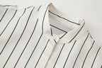 HH Women Spring New Fashion Vintage Versatile Beige Striped Puffy Sleeve Shirt+High Waisted Loose Pleated Casual Long Pants Set