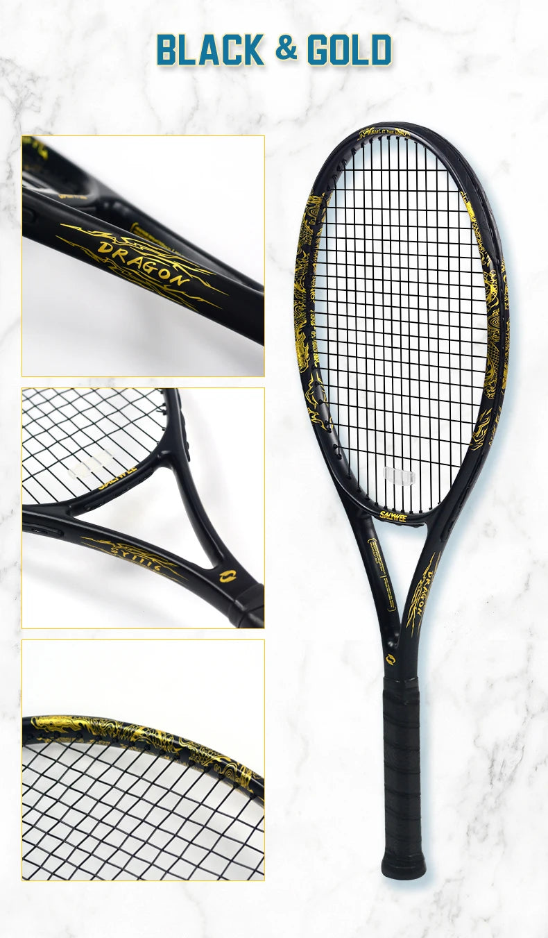 Golden-Dragon Carbon Fiber Tennis Racket For Adults, Ideal for Intermediate Training, Chinese Style Dragon, 50~60lbs, Free Gifts