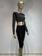 Sexy O Neck Long Sleeve Mesh Pearl Beige Black Celebrity Midi Women Bandage Set 2024 Designer Evening Party Women's Set