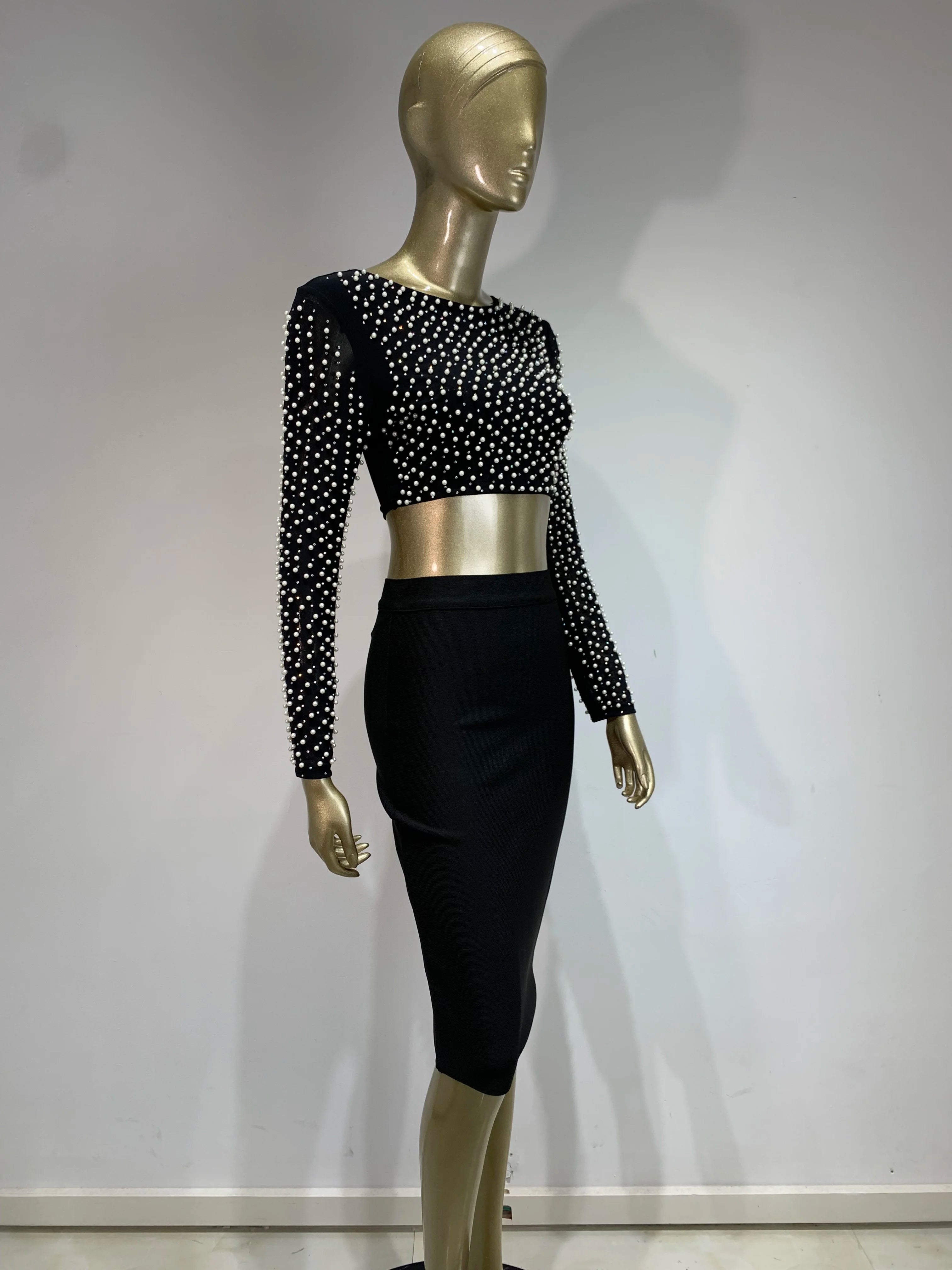 Sexy O Neck Long Sleeve Mesh Pearl Beige Black Celebrity Midi Women Bandage Set 2024 Designer Evening Party Women's Set