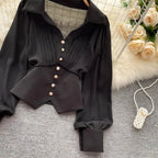 White Casual Polo-Neck Pullover Buttons Puff Sleeve Straight Women's Blouse Short Shirt Female Clothing Tops 2024 Fashion