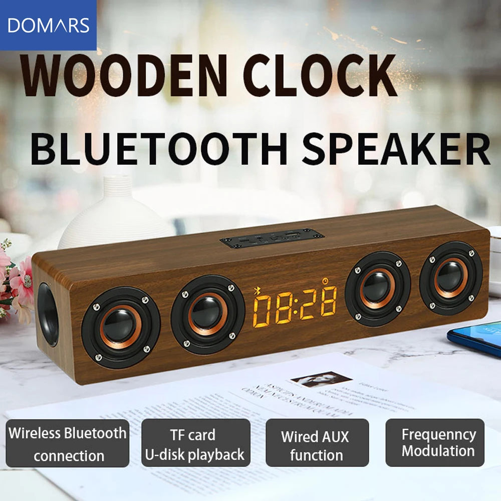 Domars Wireless Bluetooth 5.0 Speakers Wooden Alarm Clock Display Sound System Player with AUX TF FM Radio Subwoofer Box Main image