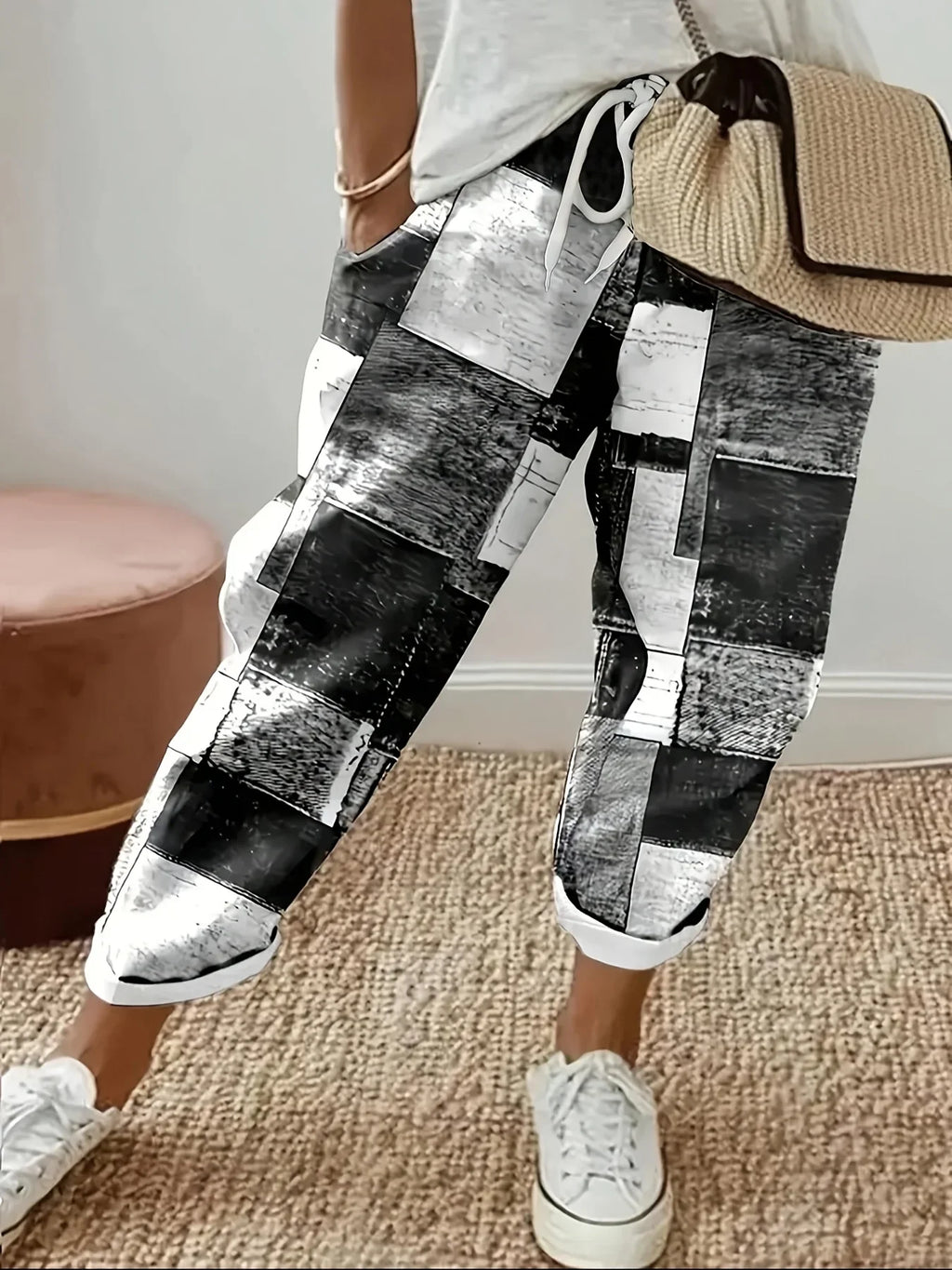 Plus Size 1XL-5XL Women's Fashion Floral Print Straight Elastic Drawstring Pocket Pants Ladise Casual Versatile Pants