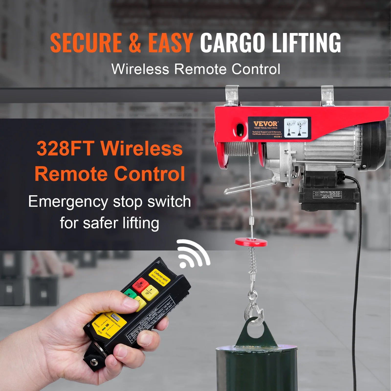 SucceBuy 1320-2200 lbs Wireless Electric Hoist with 40ft Single Cable Lifting Height Steel Wire Winch Garage Warehouse Factory