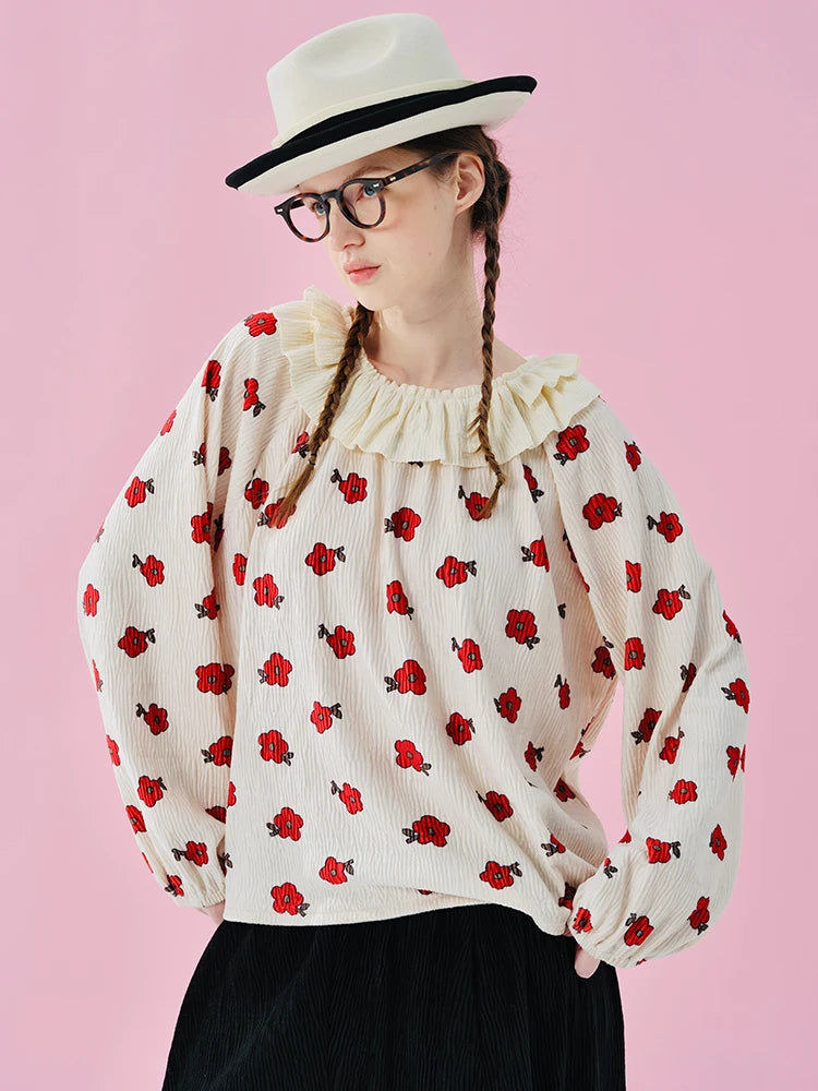 IMAKOKONI Original Design Collar Floral Long Sleeve Hoodie T-shirt for Summer Women 244968