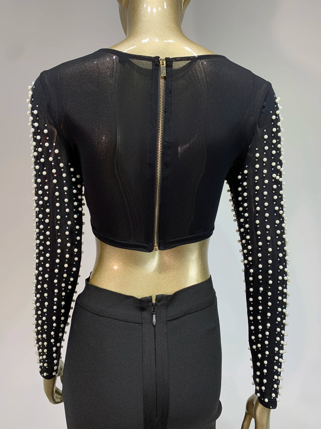 Sexy O Neck Long Sleeve Mesh Pearl Beige Black Celebrity Midi Women Bandage Set 2024 Designer Evening Party Women's Set