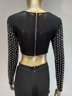 Sexy O Neck Long Sleeve Mesh Pearl Beige Black Celebrity Midi Women Bandage Set 2024 Designer Evening Party Women's Set