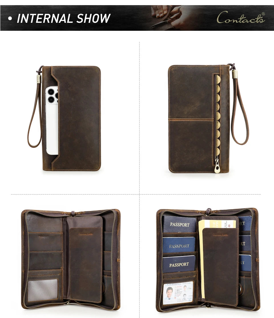 Family Passport Wallet with AirTag Slot for Travel Genuine Leather Credit Card Boarding Pass Holder Pen Cover Money Clutch Bag