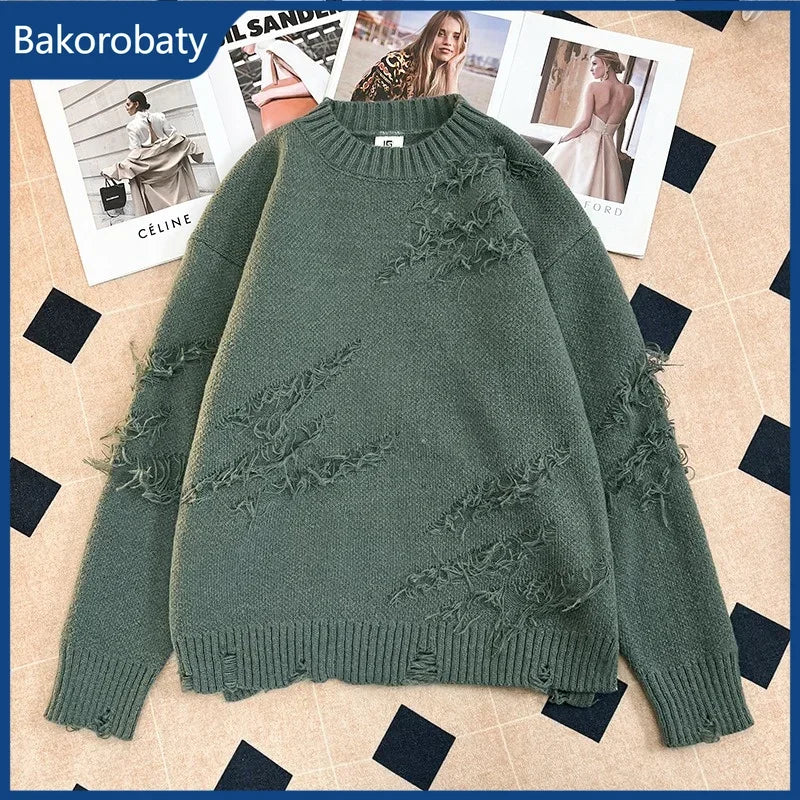 Spring Harajuku Fashion Ripped Sweater For Man Vintage Oversized Pullover Knitwear Y2K Streetwear Hip Hop Hole Pullovers jersey Main image