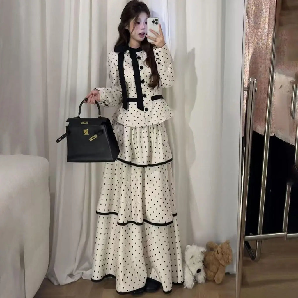 Korean Fashion Elegant Beige Polka Dot Women Set Long-sleeved Single Button Top High Waist A-line Ruffled Tiered Long Skirt 2pcs