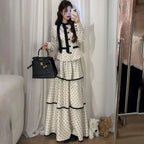 Korean Fashion Elegant Beige Polka Dot Women Set Long-sleeved Single Button Top High Waist A-line Ruffled Tiered Long Skirt 2pcs