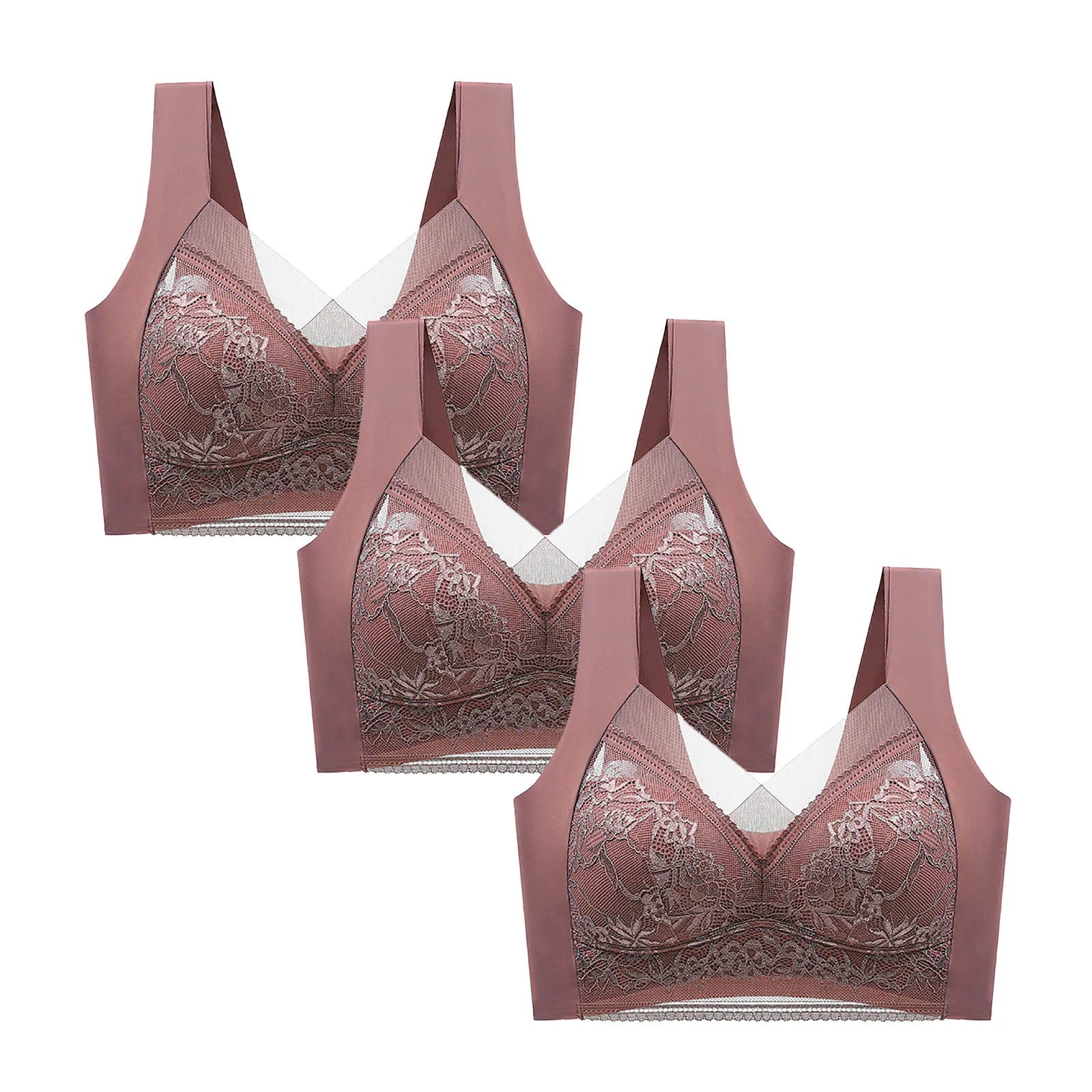 FallSweet 3PCS Lace Push Up Bras for Women Sexy Wireless Bra Ice Silk Deep V Bralette Tops Female Lingerie Mom's Underwear L-5XL