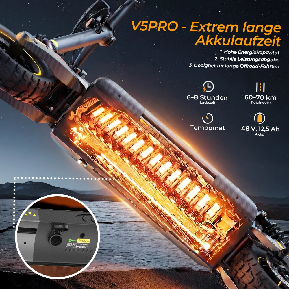 V5Pro Offroad E Scooter 10 Zoll ABE zertifiziert 500W 48V12.5Ah Geländereifen Dual Federung E Bremse Voltix APP Deutschland