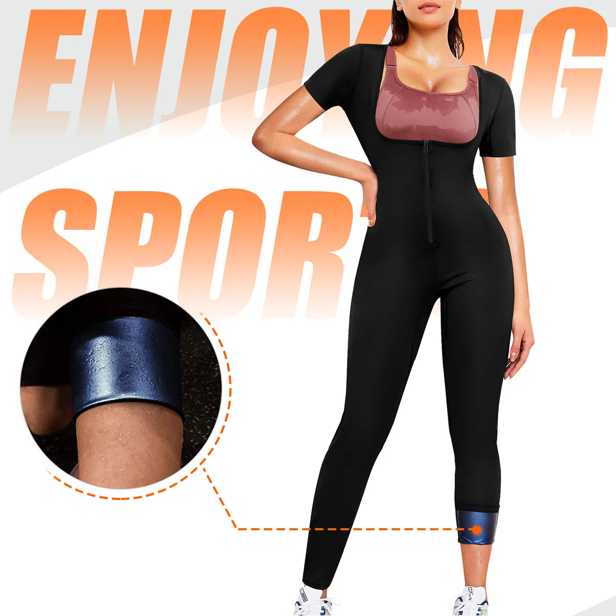 Full-body sauna suit women's short-sleeved jumpsuit waist trainer with zipper abdominal fat exercise suit