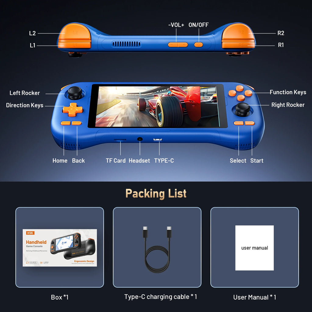 K56 Android 14 portable gaming console with 5.5-inch touchscreen and over 50 retro video game emulators for DC/MAME/SS